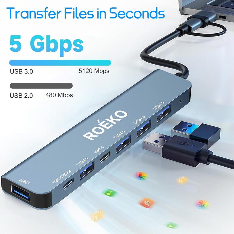 ROKO USB Hub 3.0,USB c hub,USB hub with Multiport Adapter, USB Splitter with 1xUSB 3.0,4xUSB2.0,2 x USB C,Hub for MacBook Pro/PC/Laptop/Tablet Devices (Grey 7in1) - Image 4